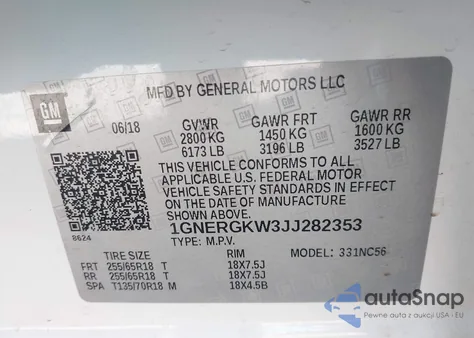 2018 Chevrolet Traverse 1Lt из США, поврежденный, VIN 1GNERGKW3JJ282353